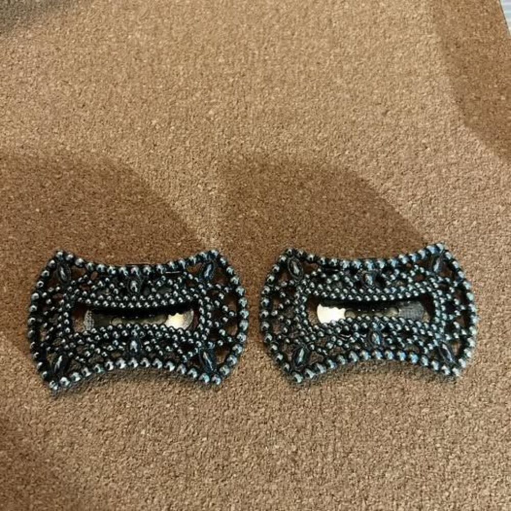 Vintage Black Rhinestone Shoe Clips Art Deco Style Silver tone pair